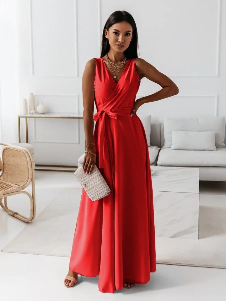 Annabelle | Robe longue unie avec col en V | Élégance intemporelle pour toutes occasions