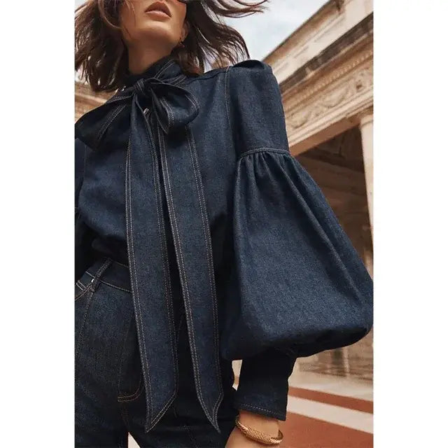 Melania Chemise en denim décontractée à manches bouffantes et à boutons pour femmes