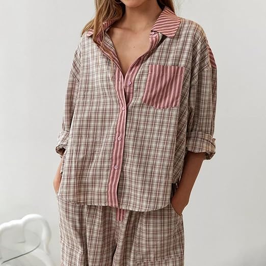 Pyjama Plaid | Ensemble Lounge à Manches Longues pour Femme, Chaleur et Confort