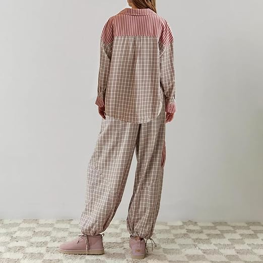 Pyjama Plaid | Ensemble Lounge à Manches Longues pour Femme, Chaleur et Confort