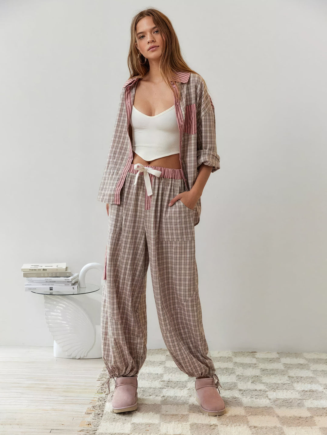 Pyjama Plaid | Ensemble Lounge à Manches Longues pour Femme, Chaleur et Confort