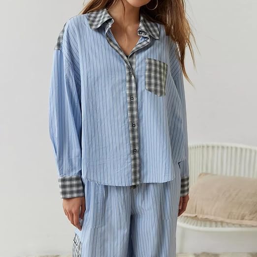 Pyjama Plaid | Ensemble Lounge à Manches Longues pour Femme, Chaleur et Confort