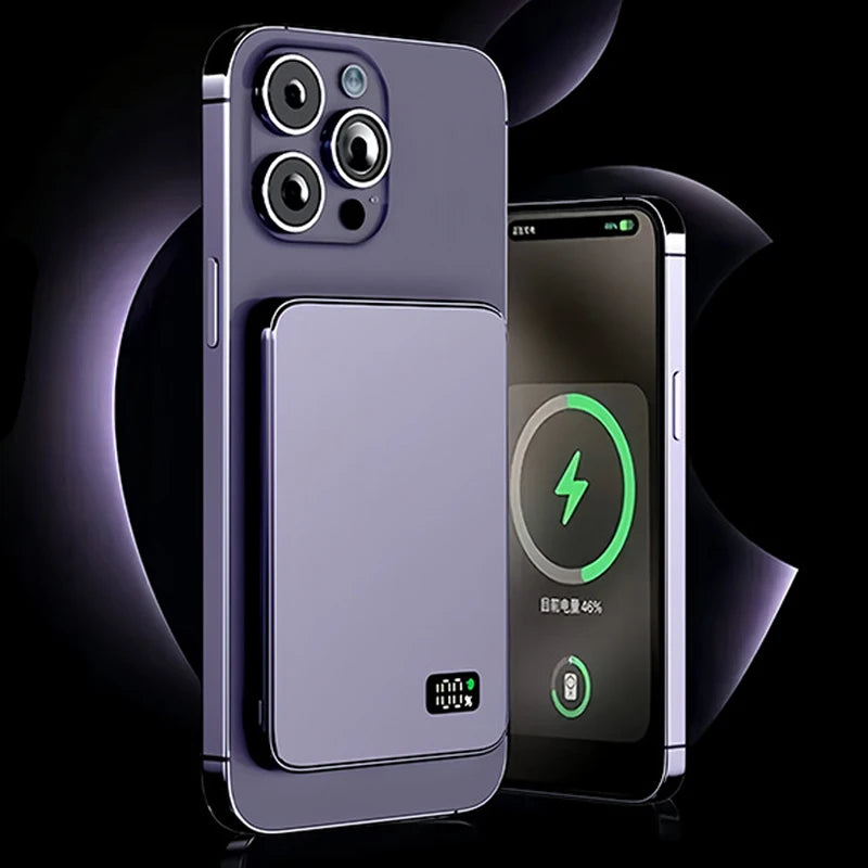 Bateria Externa Ultra Fina | Carregador Sem Fios Magnético Rápido com Ecrã LED para iPhone & Samsung