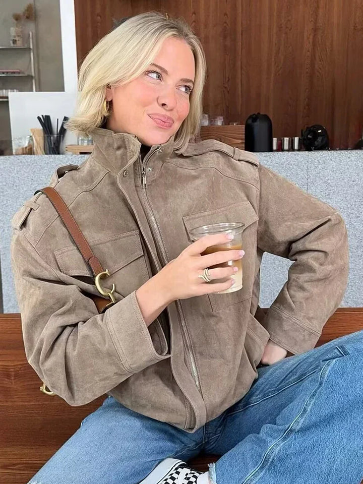 Veste bombardier femme rétro élégante toucher daim avec poches et col ouvert