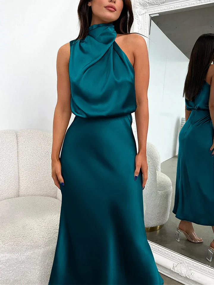 Robe Midi Élégante en Satin | Encolure Asymétrique & Silhouette Sublimée