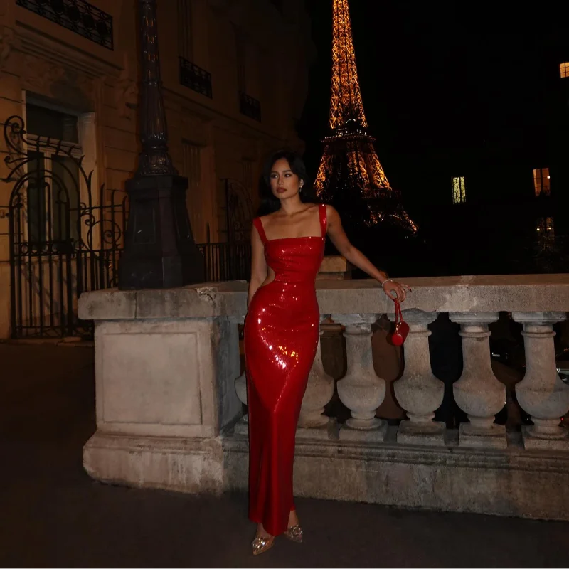 Vestido de noche para mujer - Largo hasta el suelo - Escote cuadrado - Lentejuelas - Silueta ajustada