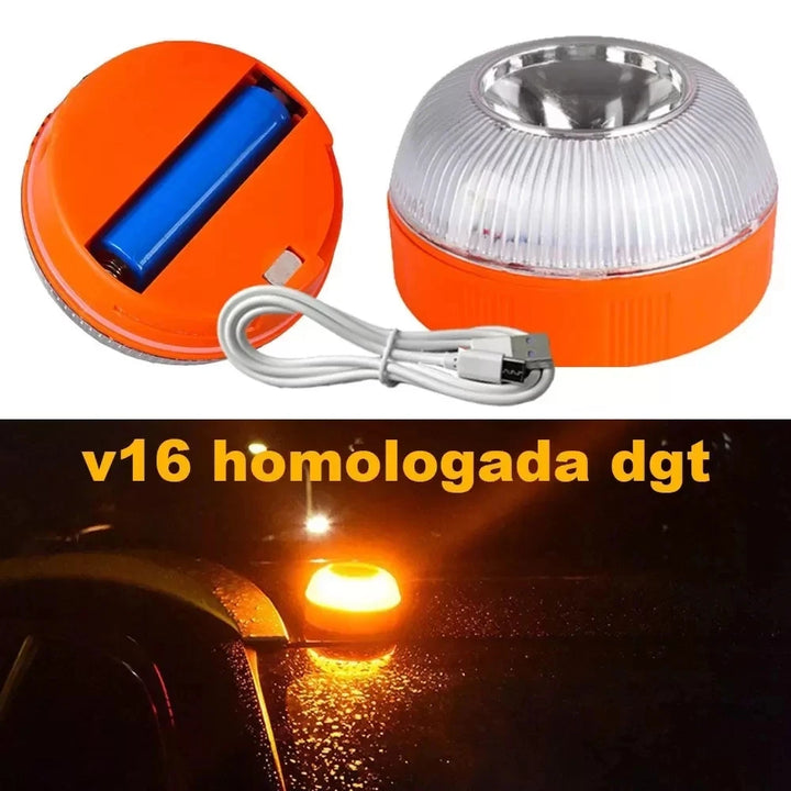 Luz de Emergência para Carro V16 | Baliza Magnética Recarregável USB com Flash Estroboscópico
