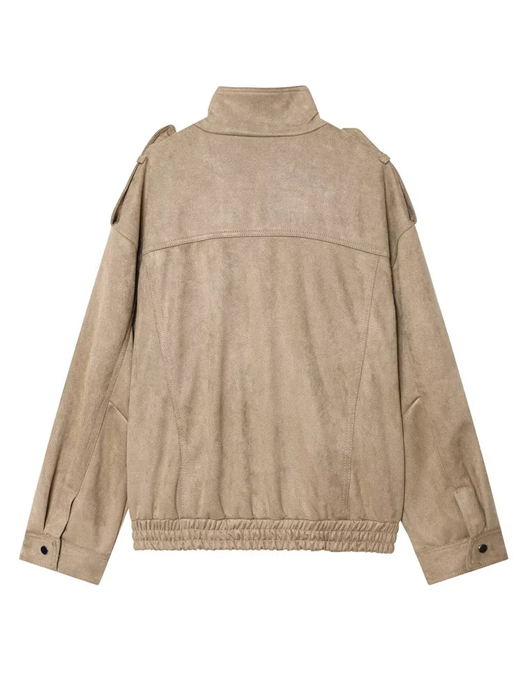 Veste bombardier femme rétro élégante toucher daim avec poches et col ouvert