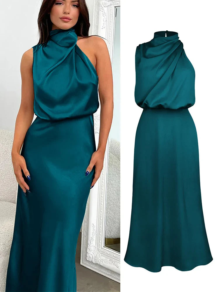 Robe Midi Élégante en Satin | Encolure Asymétrique & Silhouette Sublimée