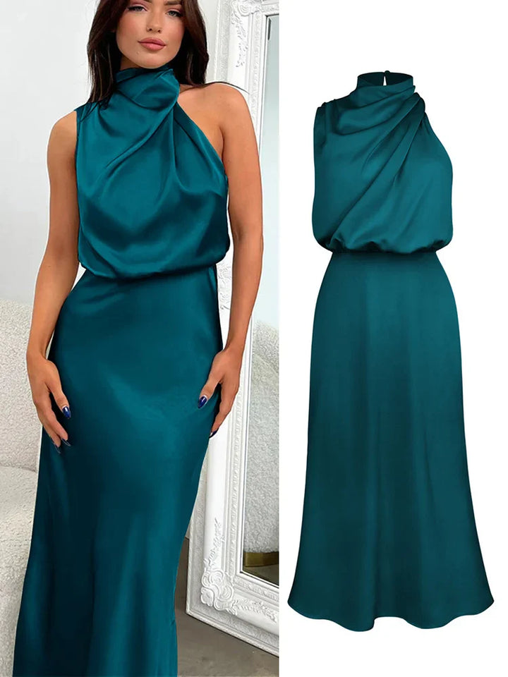 Robe Midi Élégante en Satin | Encolure Asymétrique & Silhouette Sublimée