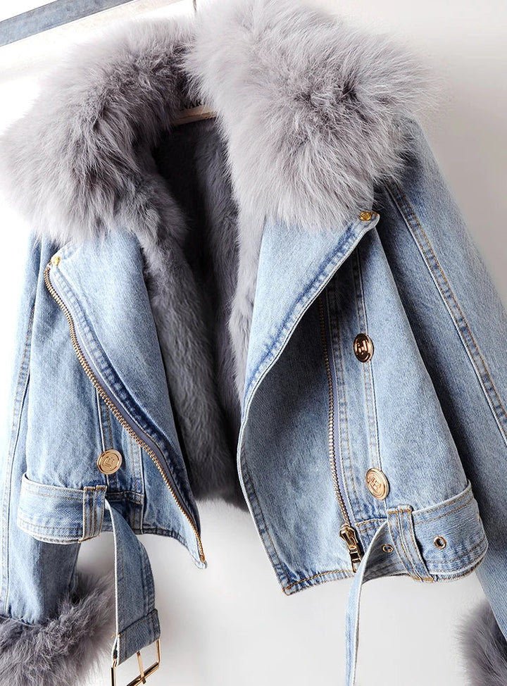 Philomène Veste en Jean avec Col en Fourrure | Confort et Élégance Rustique