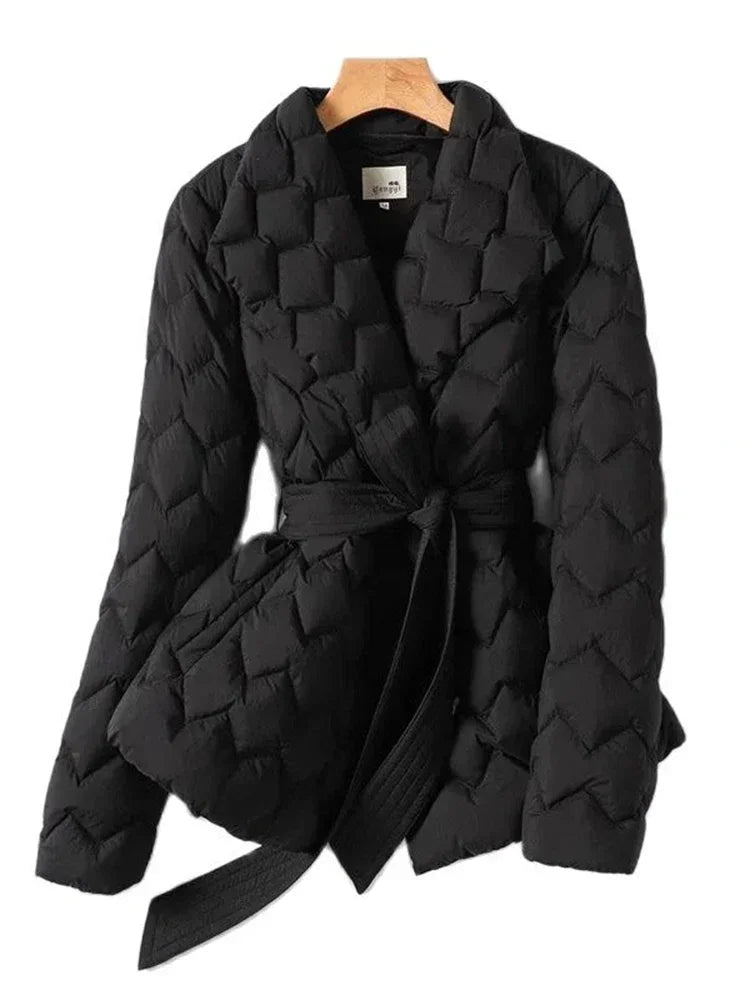Suzane Manteau Doudoune Luxueux avec Ceinture | Duvet d'Oie Blanc, Longueur Longue, Taille Affinée