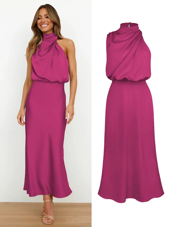 Robe Midi Élégante en Satin | Encolure Asymétrique & Silhouette Sublimée