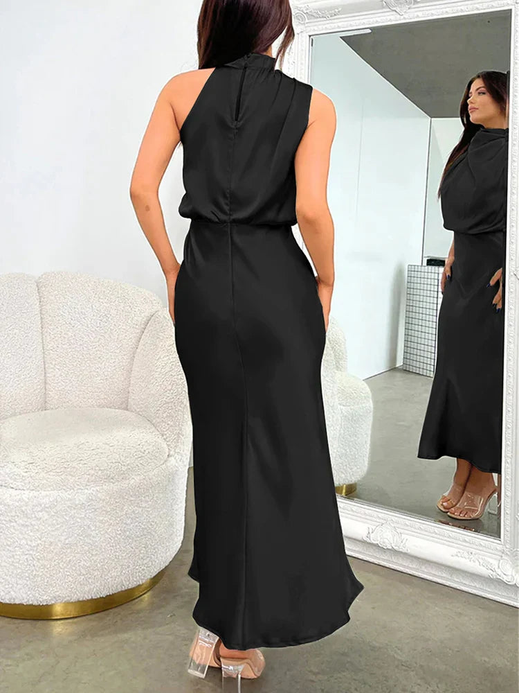 Robe Midi Élégante en Satin | Encolure Asymétrique & Silhouette Sublimée