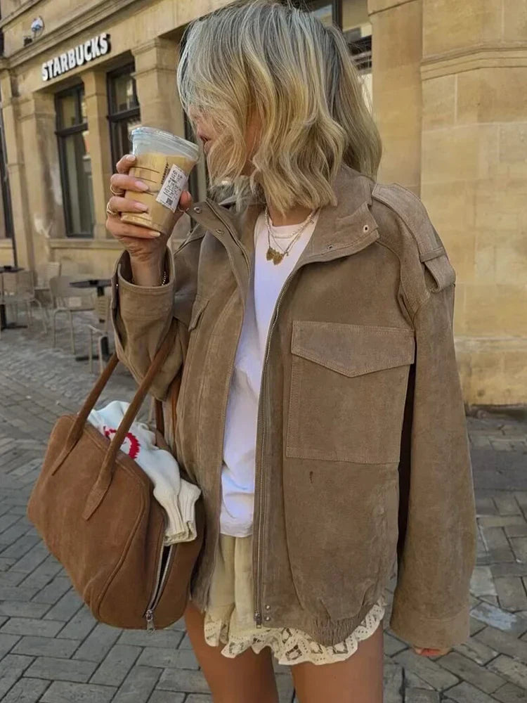 Veste bombardier femme rétro élégante toucher daim avec poches et col ouvert