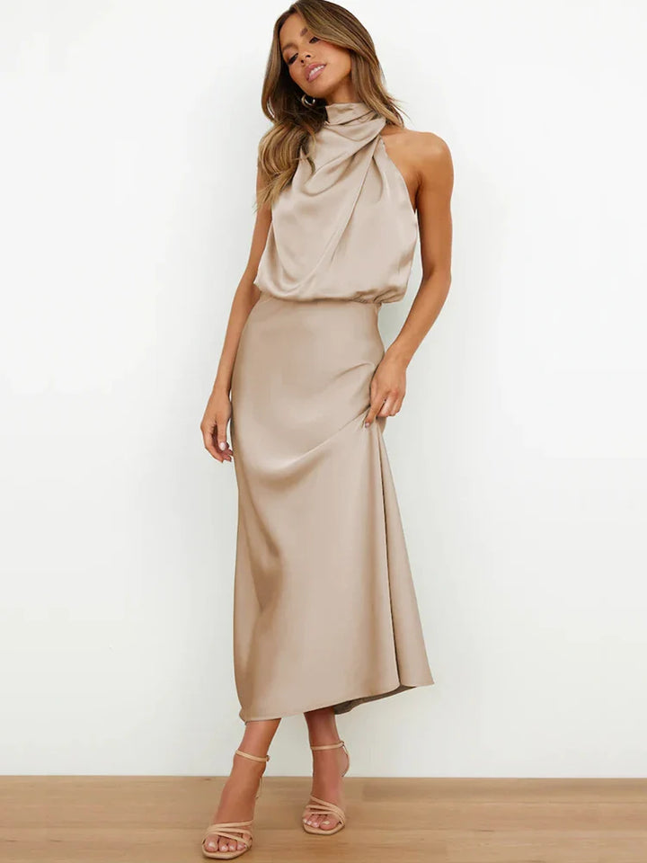 Robe Midi Élégante en Satin | Encolure Asymétrique & Silhouette Sublimée