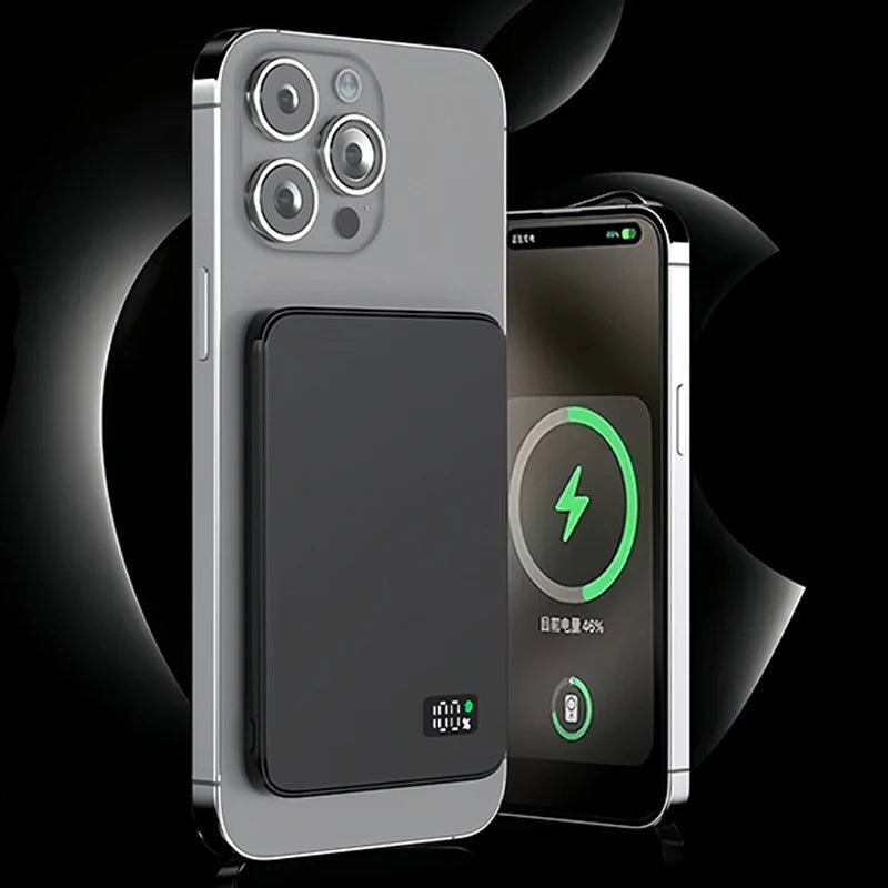 Bateria Externa Ultra Fina | Carregador Sem Fios Magnético Rápido com Ecrã LED para iPhone & Samsung