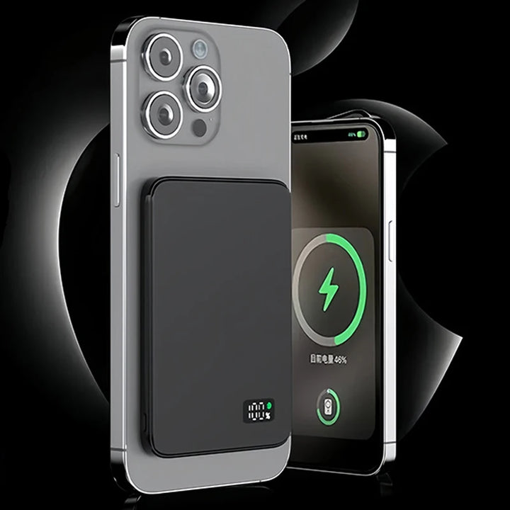 Bateria Externa Ultra Fina | Carregador Sem Fios Magnético Rápido com Ecrã LED para iPhone & Samsung