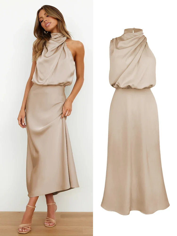 Robe Midi Élégante en Satin | Encolure Asymétrique & Silhouette Sublimée
