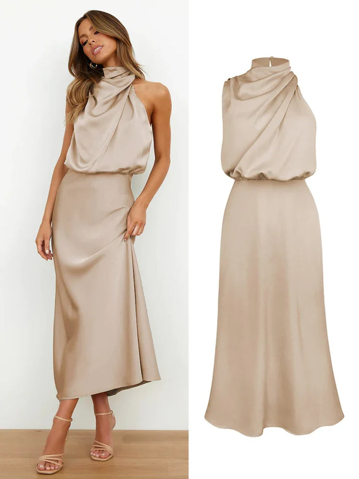 Robe Midi Élégante en Satin | Encolure Asymétrique & Silhouette Sublimée