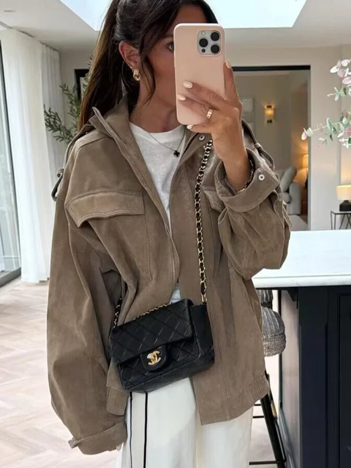 Veste bombardier femme rétro élégante toucher daim avec poches et col ouvert