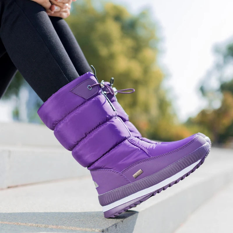 Bottes de neige femme | Bottes chaudes à mi-mollet imperméables avec plateforme et fourrure antidérapante
