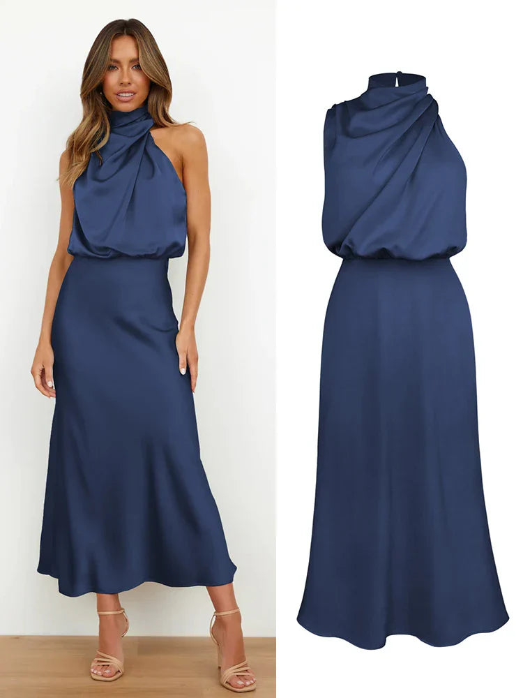 Robe Midi Élégante en Satin | Encolure Asymétrique & Silhouette Sublimée