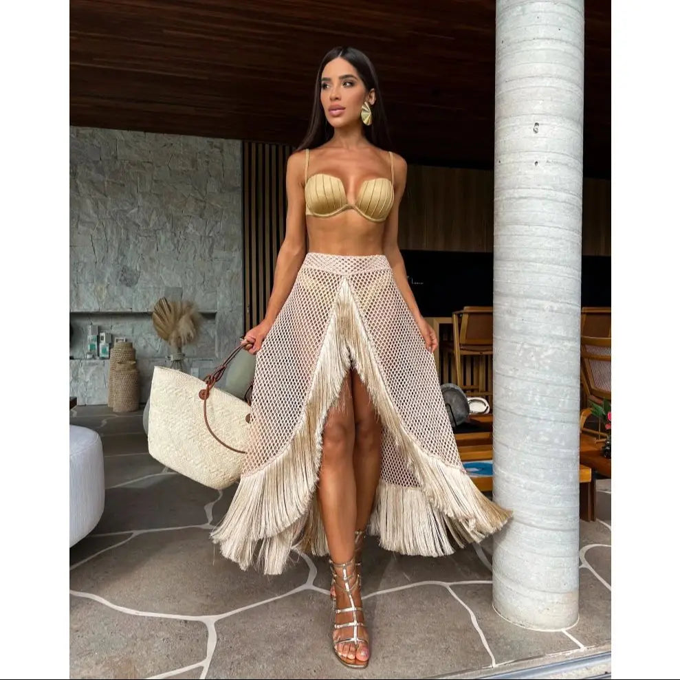 Conjunto playero Elisa Refined con falda de encaje y flecos elegantes | Bohemio y chic