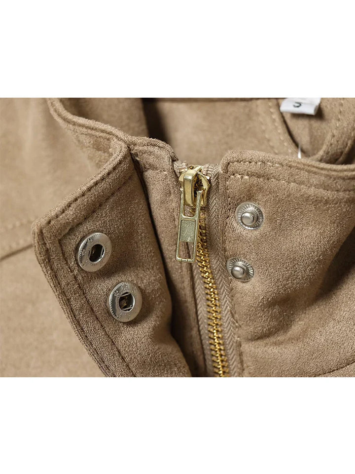 Veste bombardier femme rétro élégante toucher daim avec poches et col ouvert