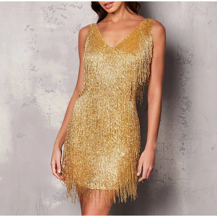 Vestido de cóctel Noelle para mujer | Elegante vestido de noche con plumas, volantes y escote en V