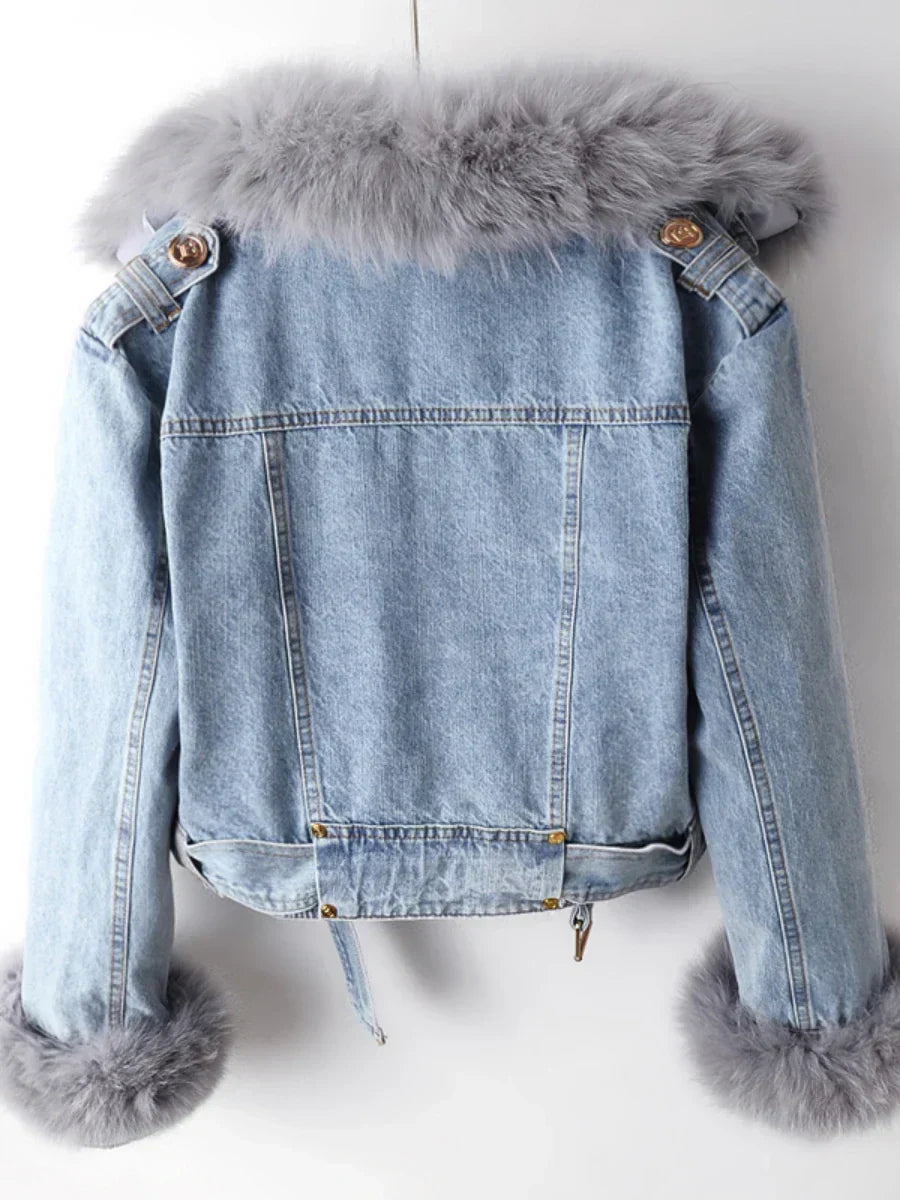 Philomène Veste en Jean avec Col en Fourrure | Confort et Élégance Rustique