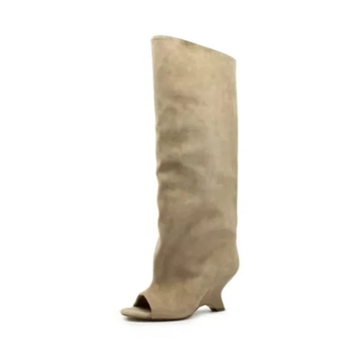 Peep Toe Bottes genou pour femmes | Bottes élégantes en daim talon compensé pour la fête & le mariage 2025