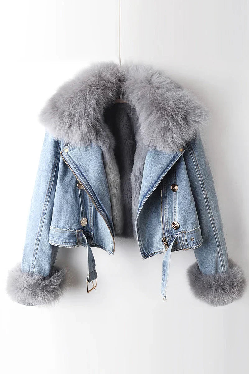 Philomène Veste en Jean avec Col en Fourrure | Confort et Élégance Rustique