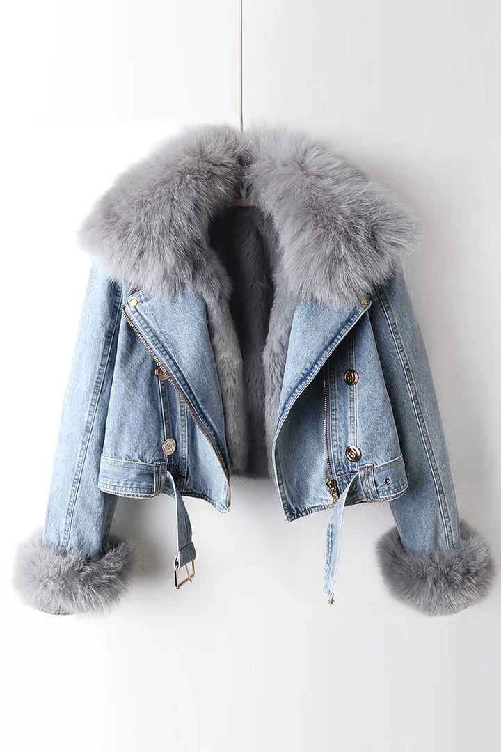 Philomène Veste en Jean avec Col en Fourrure | Confort et Élégance Rustique