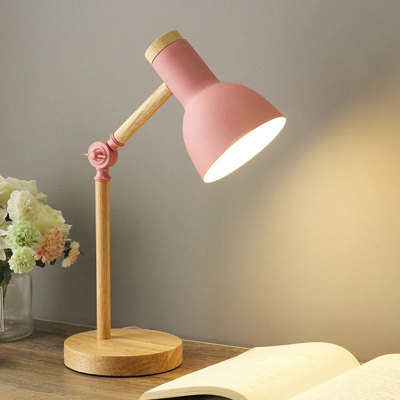 Lampe de table nordique en bois réglable avec abat-jour coloré