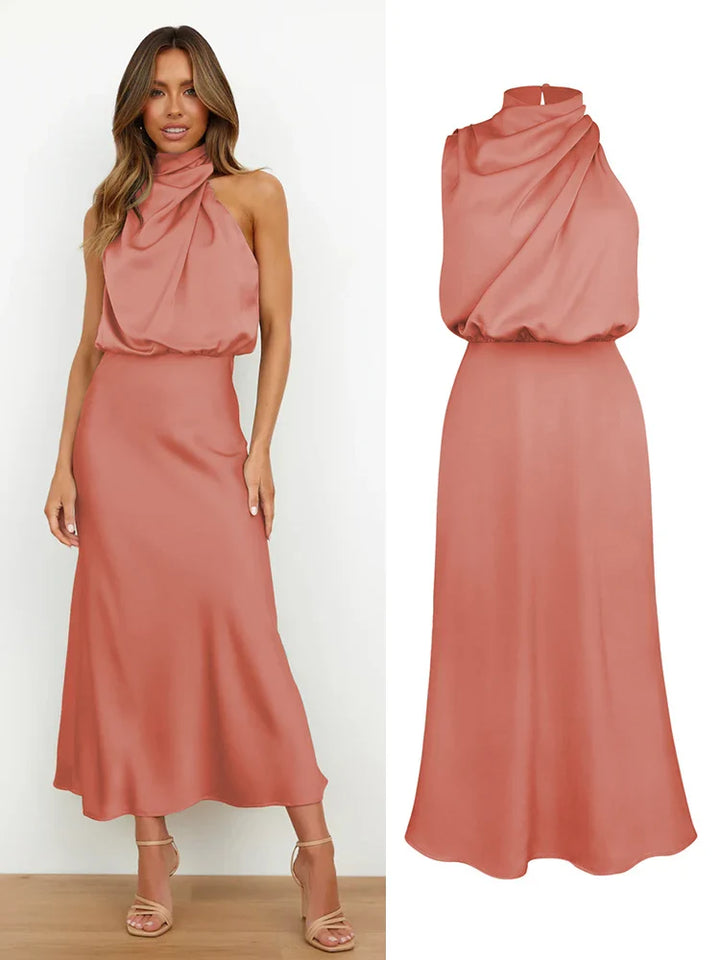 Robe Midi Élégante en Satin | Encolure Asymétrique & Silhouette Sublimée