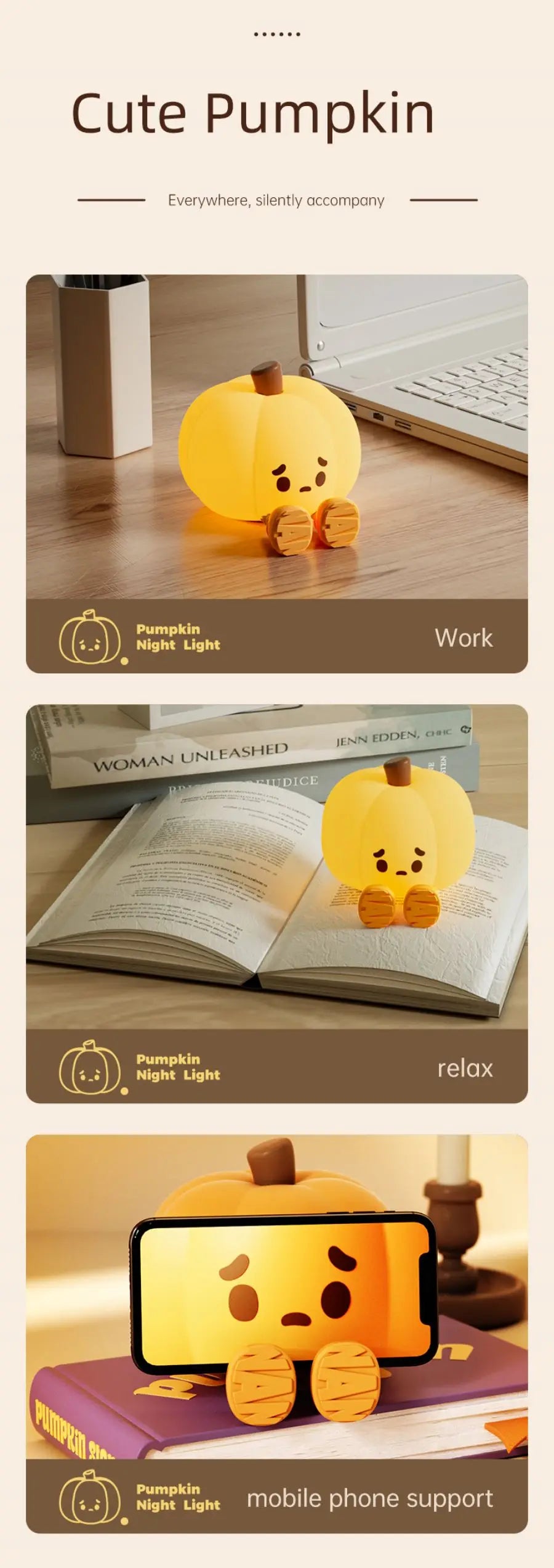 Lampe tactile CozyGlow Citrouille d’Halloween – Veilleuse en silicone douce et apaisante