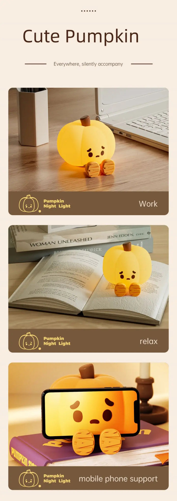 Lampe tactile CozyGlow Citrouille d’Halloween – Veilleuse en silicone douce et apaisante