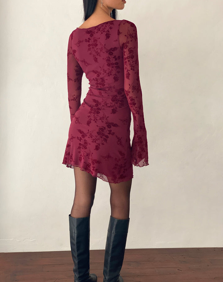 Mini abito a maniche lunghe color bordeaux Celine | Stampa floreale, maniche svasate