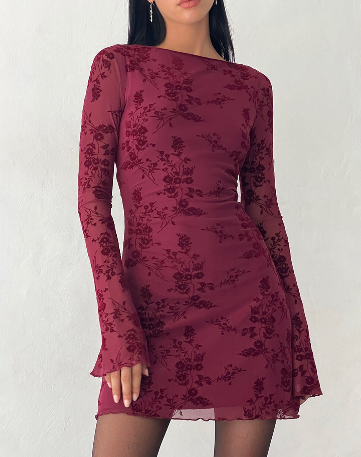 Mini abito a maniche lunghe color bordeaux Celine | Stampa floreale, maniche svasate