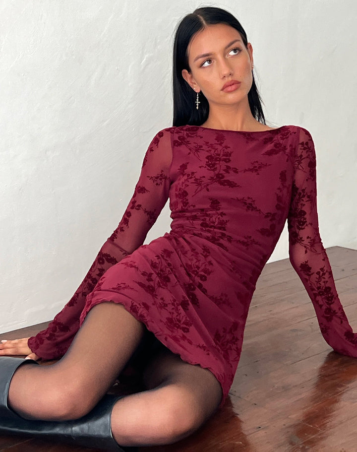 Mini abito a maniche lunghe color bordeaux Celine | Stampa floreale, maniche svasate