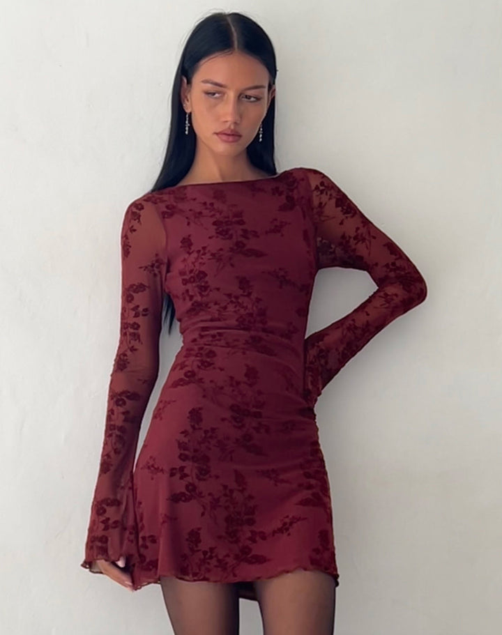 Mini abito a maniche lunghe color bordeaux Celine | Stampa floreale, maniche svasate