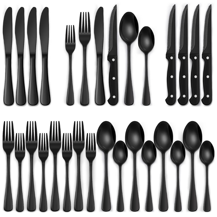 PureSet Set de Couverts 24 Pièces | Acier Inox Noir avec Couteaux à Steak