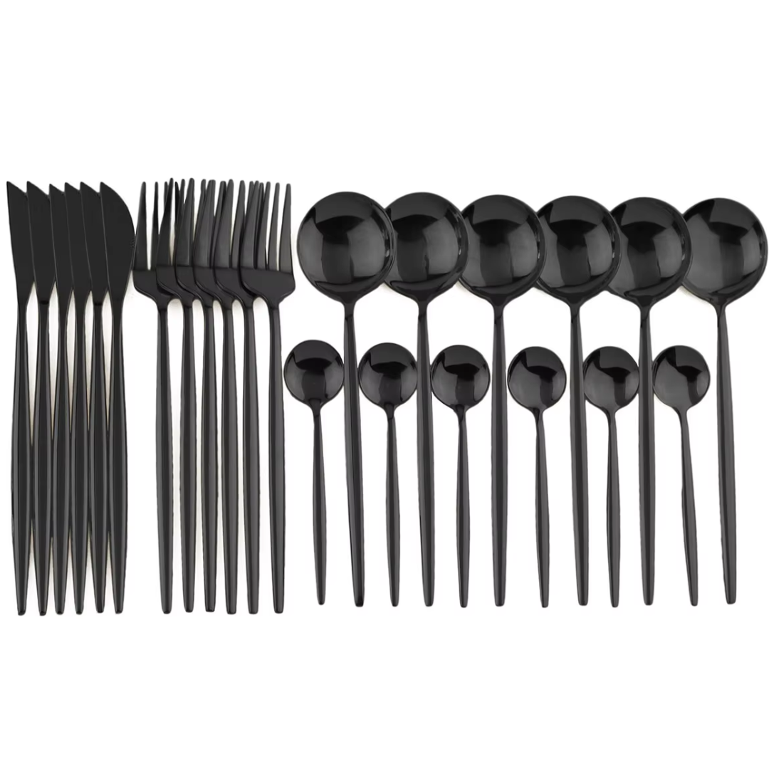 PureSet Set de Couverts 24 Pièces | Acier Inox Noir avec Couteaux à Steak