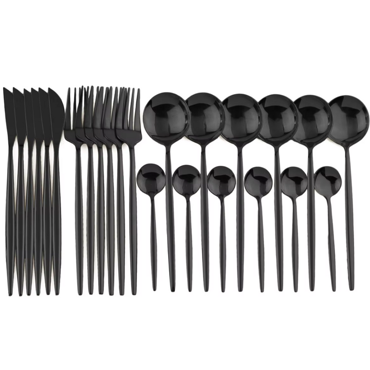 PureSet Set de Couverts 24 Pièces | Acier Inox Noir avec Couteaux à Steak