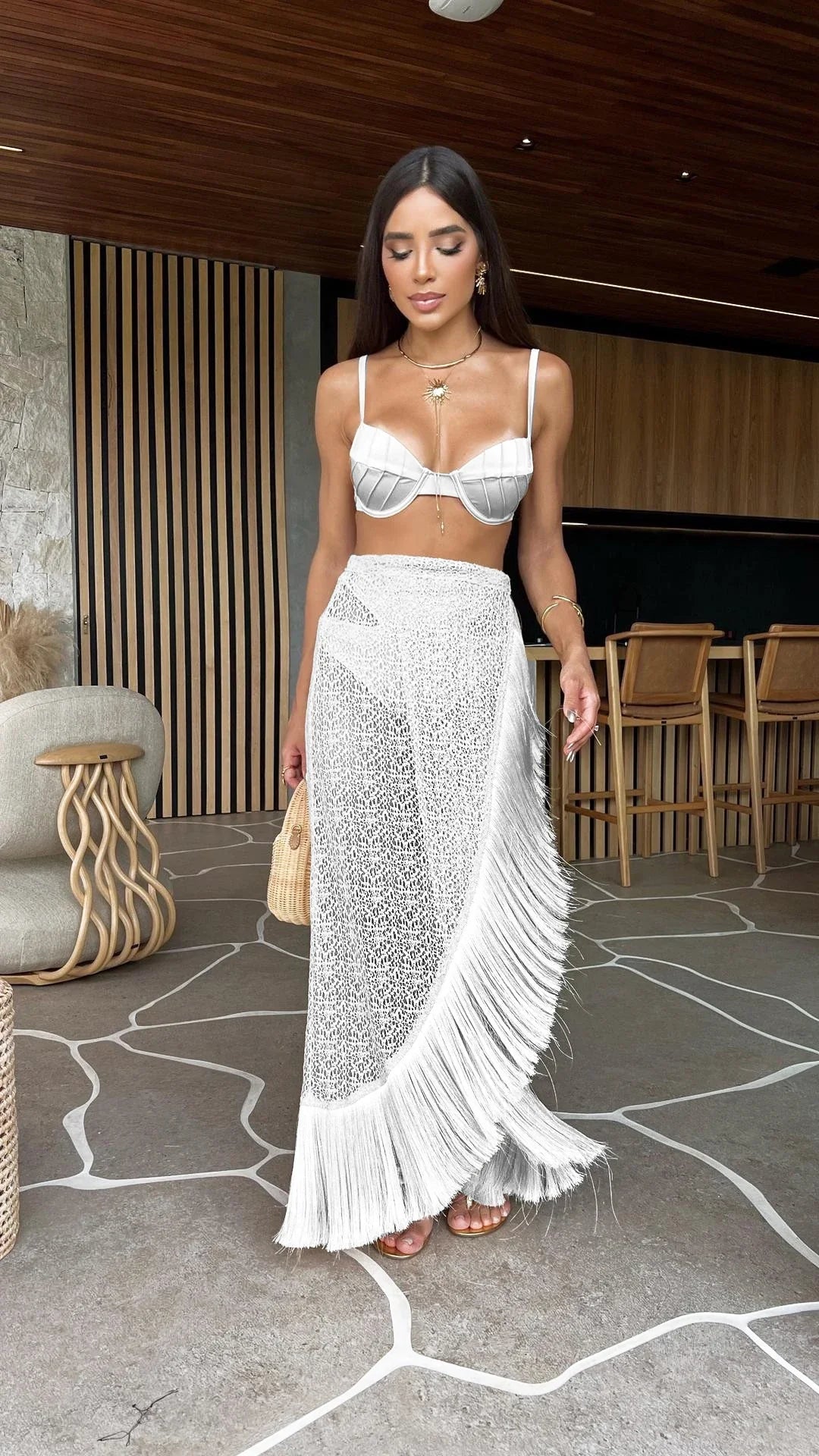 Conjunto playero Elisa Refined con falda de encaje y flecos elegantes | Bohemio y chic