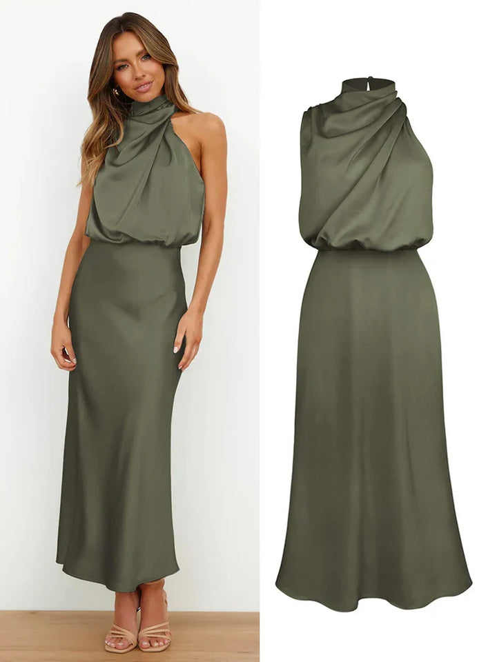 Gabby Robe midi élégante en satin avec encolure asymétrique et silhouette sublimée