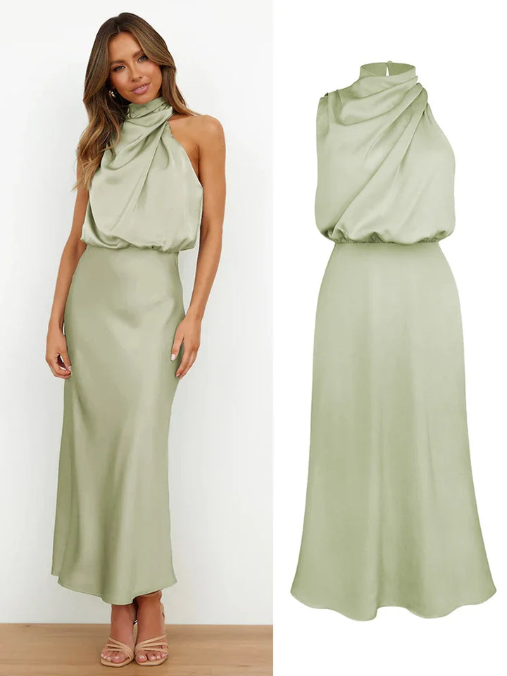 Robe Midi Élégante en Satin | Encolure Asymétrique & Silhouette Sublimée