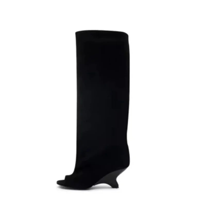 Peep Toe Bottes genou pour femmes | Bottes élégantes en daim talon compensé pour la fête & le mariage 2025