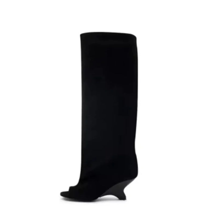 Peep Toe Bottes genou pour femmes | Bottes élégantes en daim talon compensé pour la fête & le mariage 2025